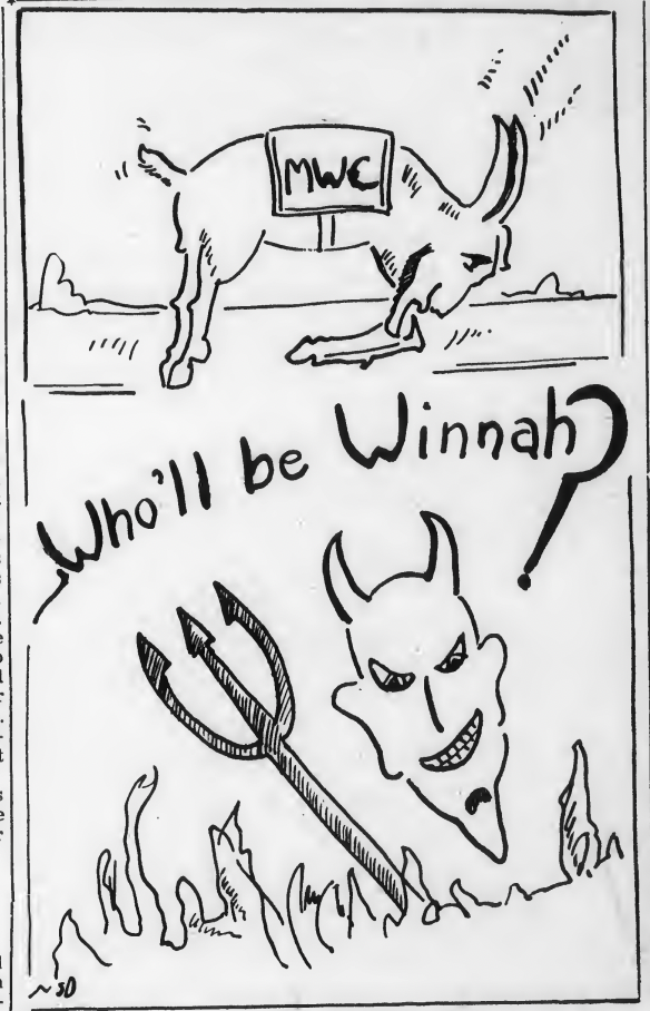 A two-panel black-and-white cartoon. The top panel shows a goat wearing a blanket labeled "MWC," while the bottom panel features a grinning devil's face emerging from flames next to a pitchfork. Large handwritten text in the middle asks, "Who’ll be Winnah?"