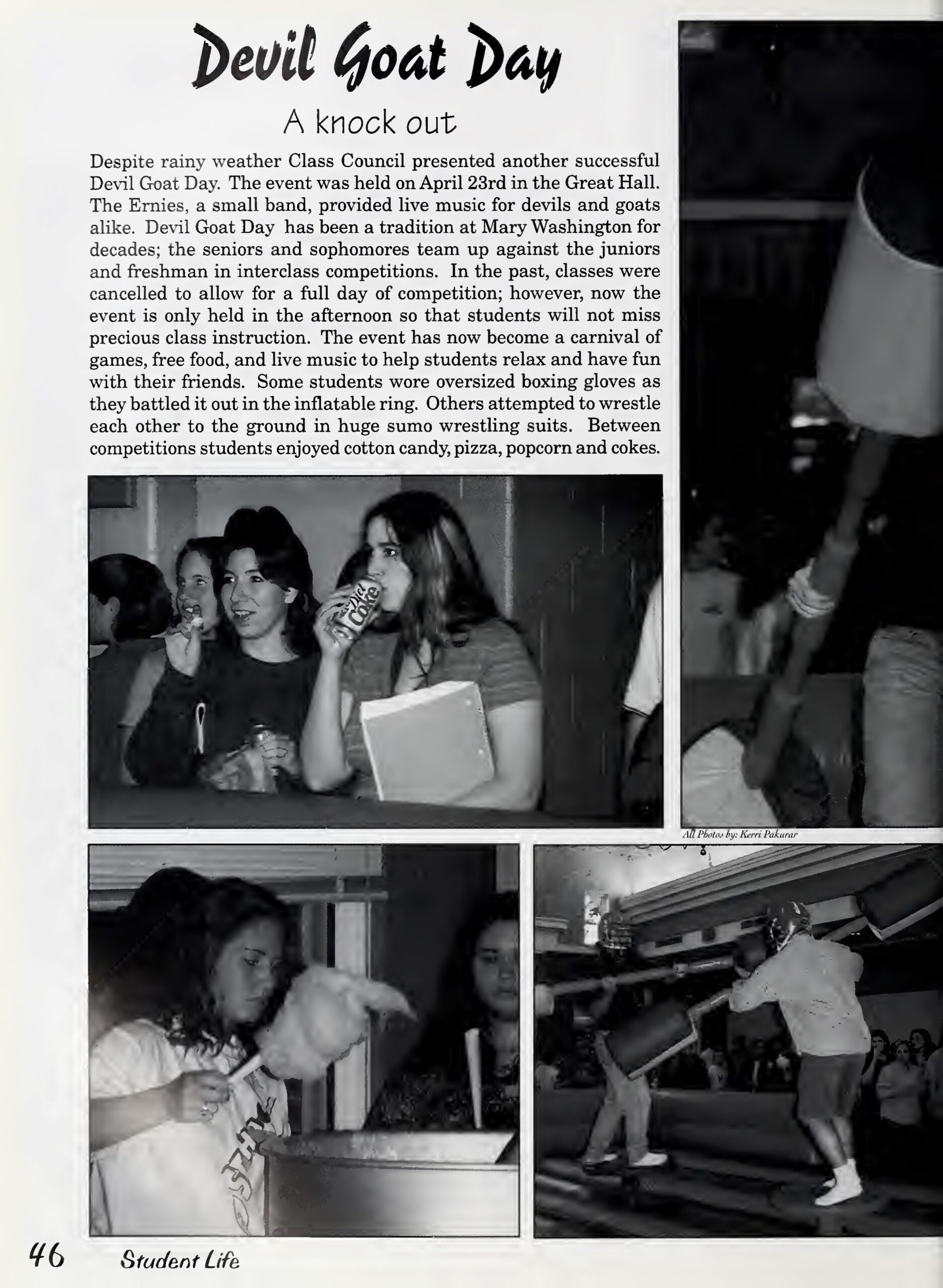A page from the 1998 Battlefield Yearbook about Devil-Goat day with images of student activities.